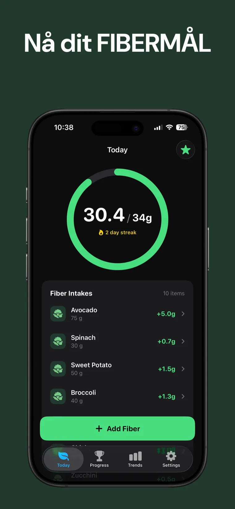 Nå dit FIBERMÅL — Fiber Tracker på iPhone, der viser dagligt indtag på en ren fremskridtsring
