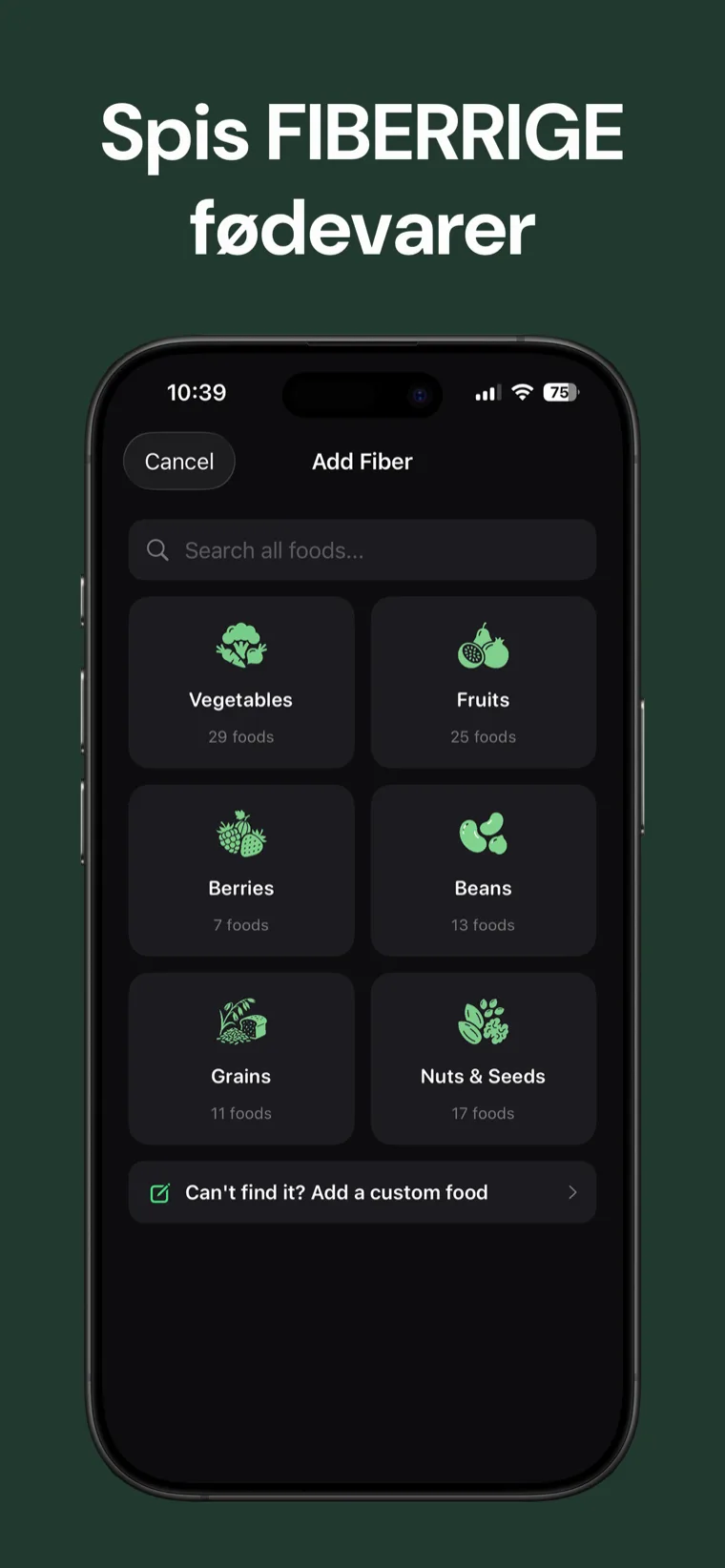 Spis FIBERRIGE fødevarer — Fiber Tracker viser den ugentlige kalender med din fibermålsstime