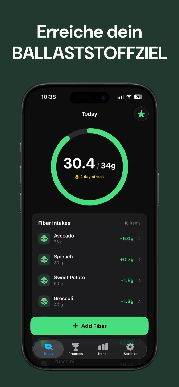 Erreiche dein BALLASTSTOFFZIEL — Ballaststoffe Tracker auf dem iPhone zeigt die Tagesaufnahme auf einem übersichtlichen Fortschrittsring