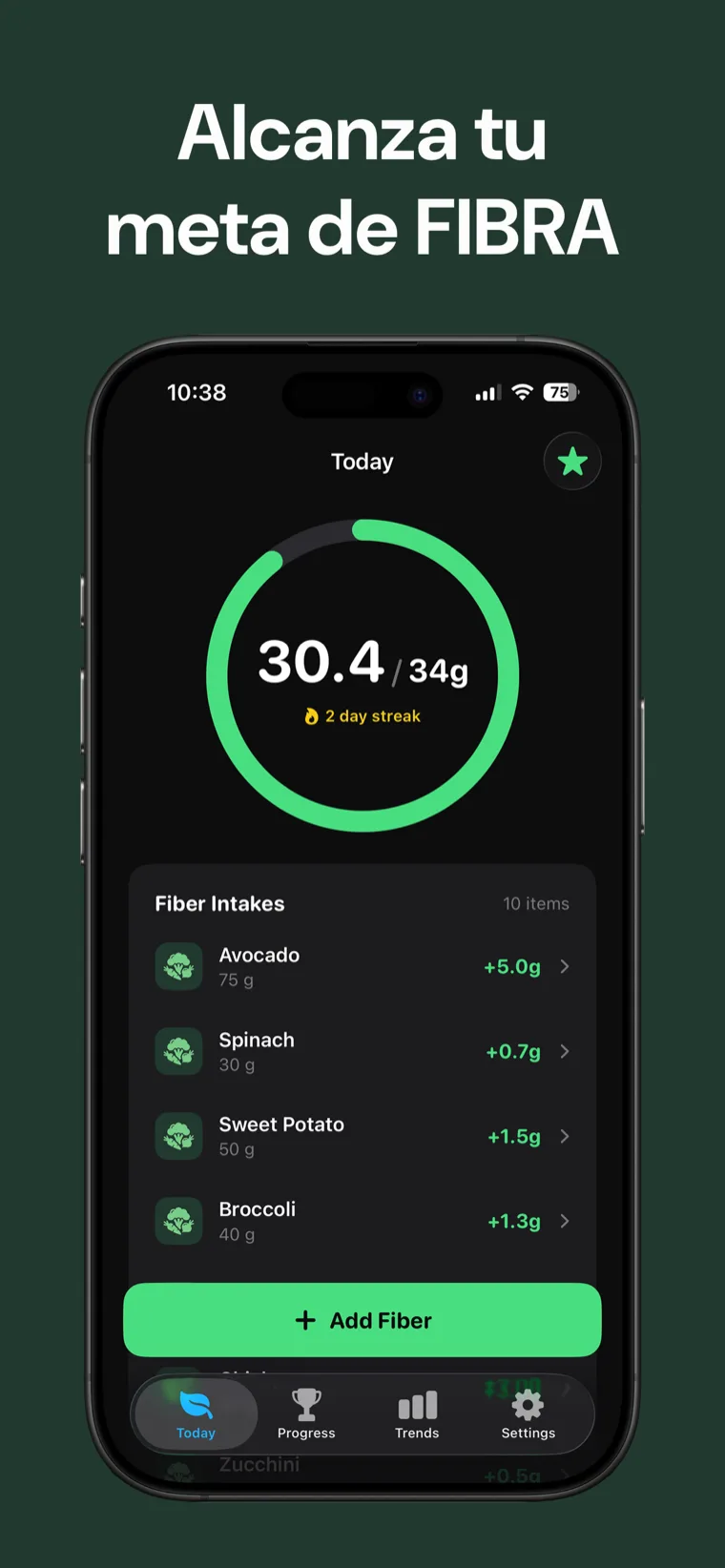 Alcanza tu meta de FIBRA — Rastreador de Fibra en iPhone mostrando el consumo diario en un limpio anillo de progreso