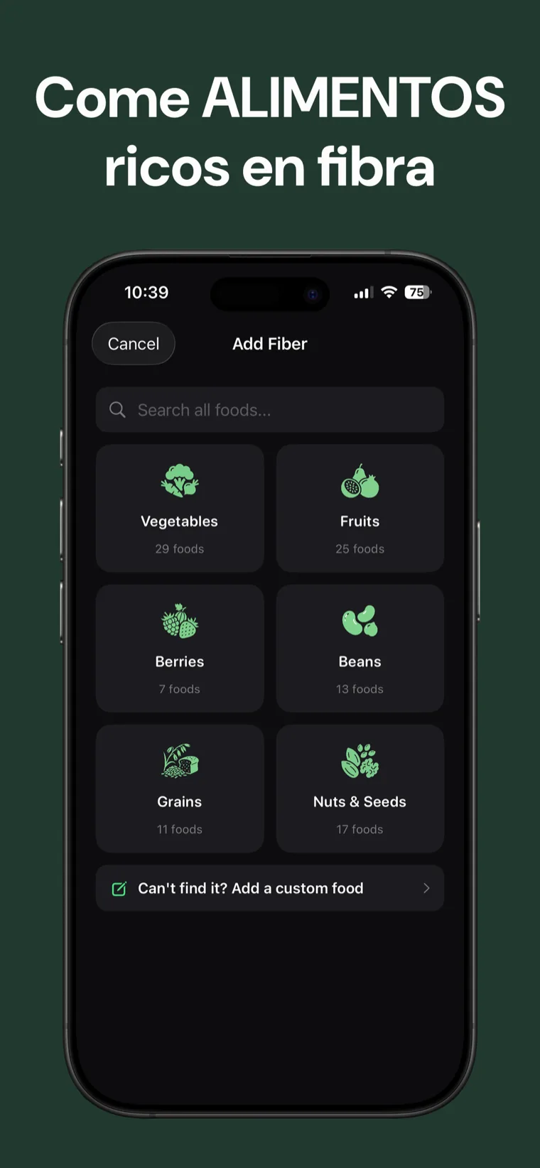 Come ALIMENTOS ricos en fibra — Rastreador de Fibra mostrando el calendario semanal con tu racha de meta de fibra