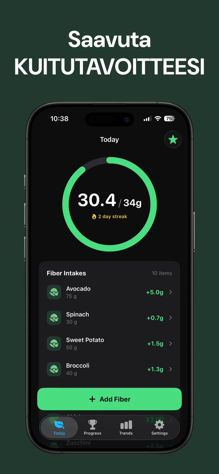 Saavuta KUITUTAVOITTEESI — Kuitu Tracker iPhonessa näyttää päivittäisen saannin selkeällä edistymisrenkaalla