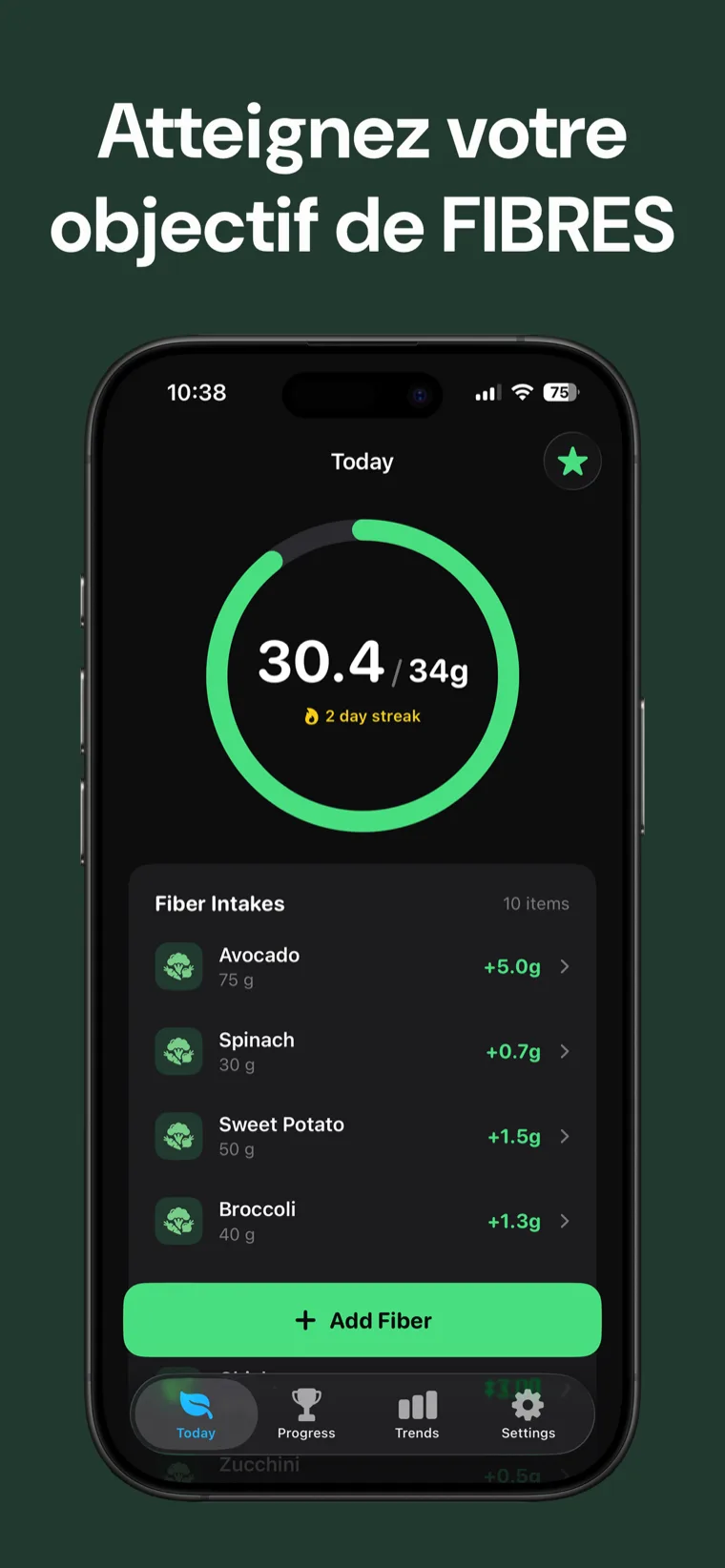 Atteignez votre objectif de FIBRES — Suivi de Fibres sur iPhone affichant la consommation quotidienne sur un anneau de progression épuré