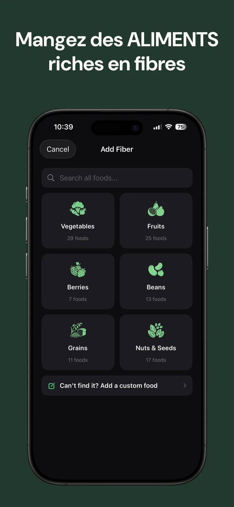 Mangez des ALIMENTS riches en fibres — Suivi de Fibres montrant le calendrier hebdomadaire avec votre série d'objectifs de fibres