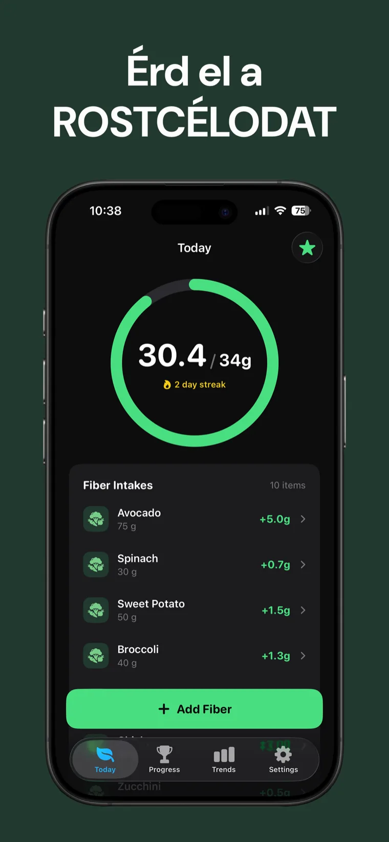 Érd el a ROSTCÉLODAT — Rost Tracker iPhone-on, a napi bevitelt jelző tiszta haladási gyűrűvel