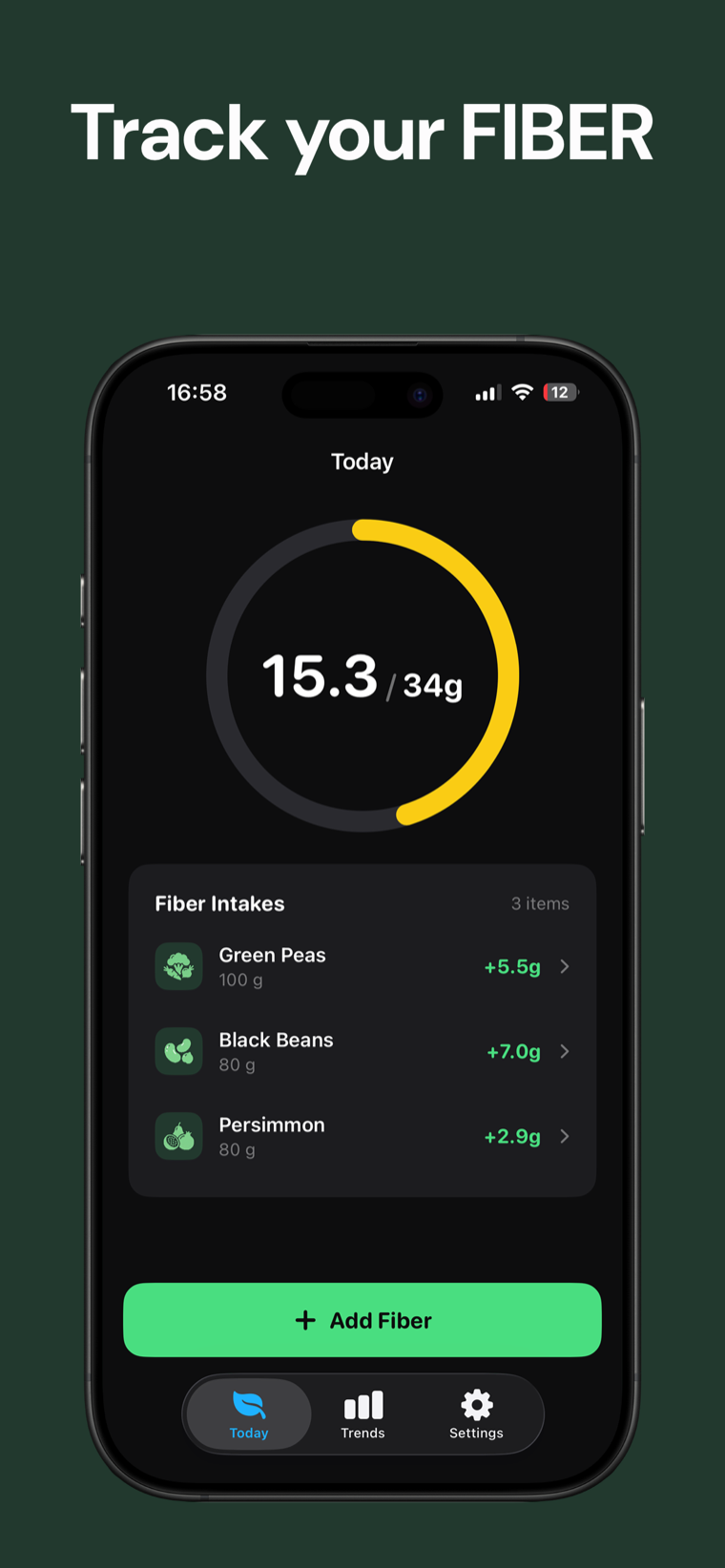 Track your fiber — Fiber Tracker on iPhone showing daily intake on a clean progress ring