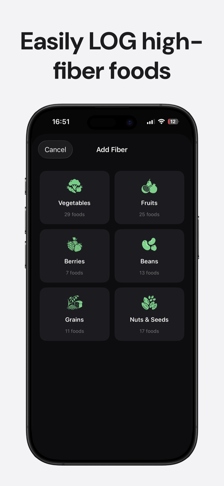 Easily log high-fiber foods — Fiber Tracker searchable food database for quick logging
