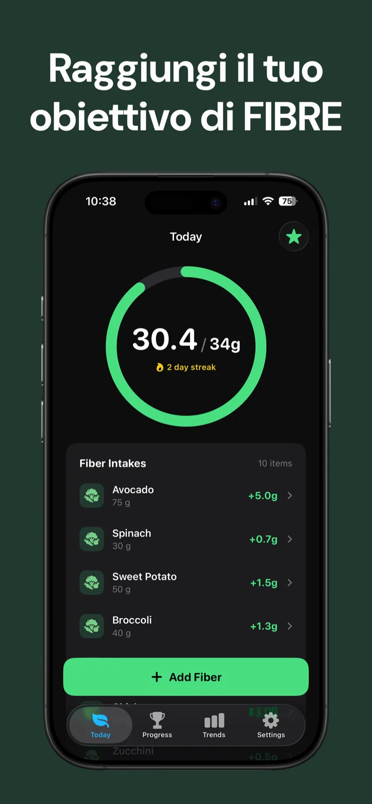 Raggiungi il tuo obiettivo di FIBRE — Tracker Fibre su iPhone che mostra l'assunzione giornaliera su un anello dei progressi pulito