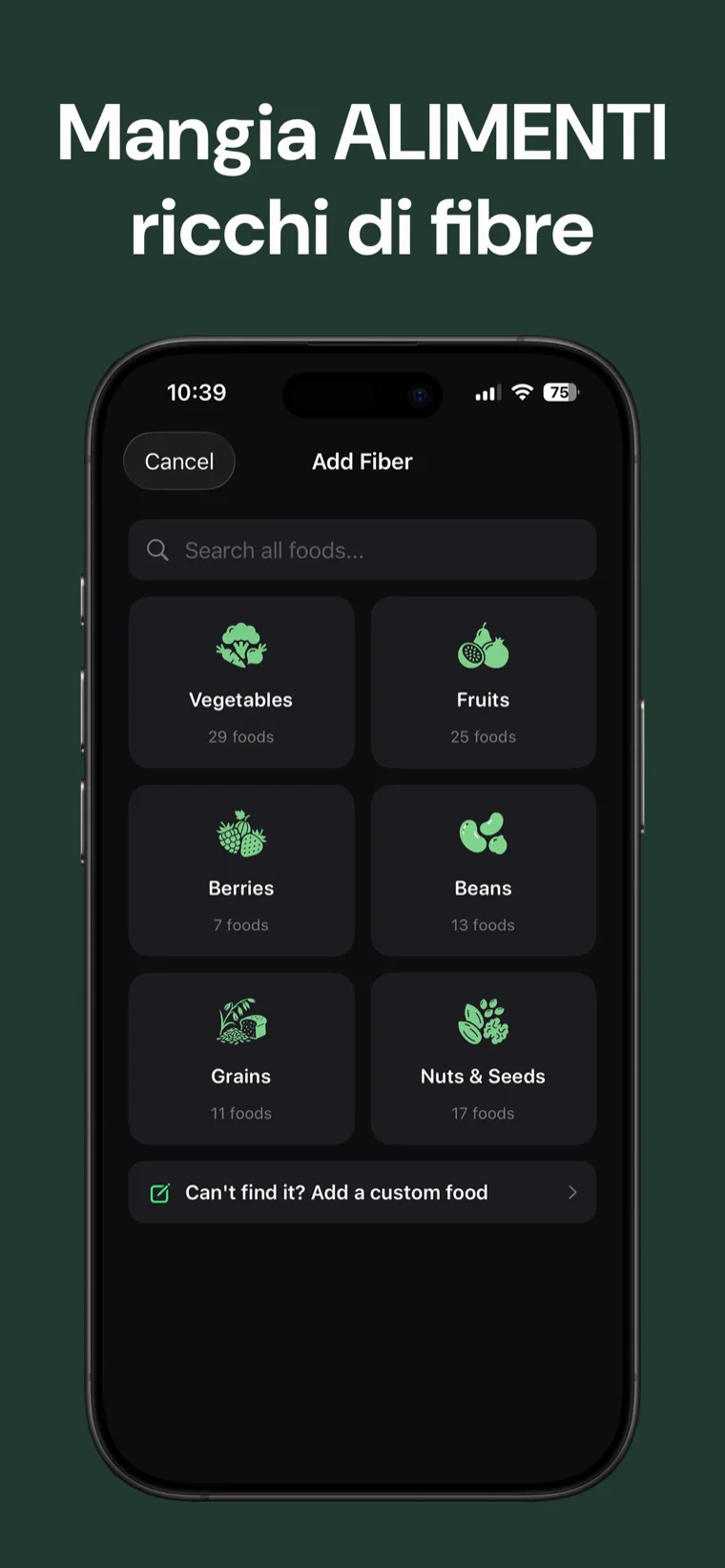 Mangia ALIMENTI ricchi di fibre — Tracker Fibre che mostra il calendario settimanale con la tua striscia di obiettivo fibre