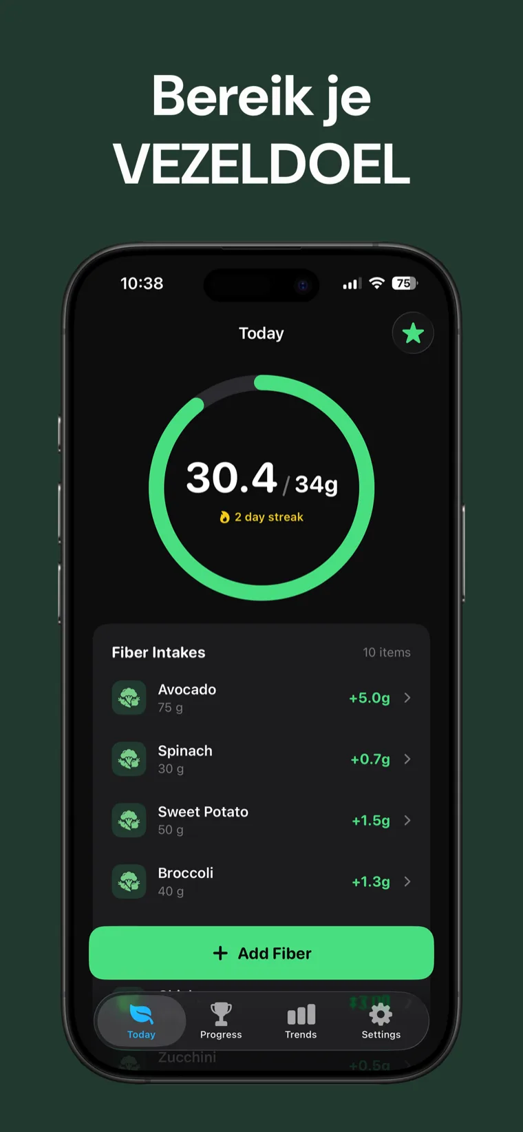 Bereik je VEZELDOEL — Vezel Tracker op iPhone toont de dagelijkse inname op een overzichtelijke voortgangsring