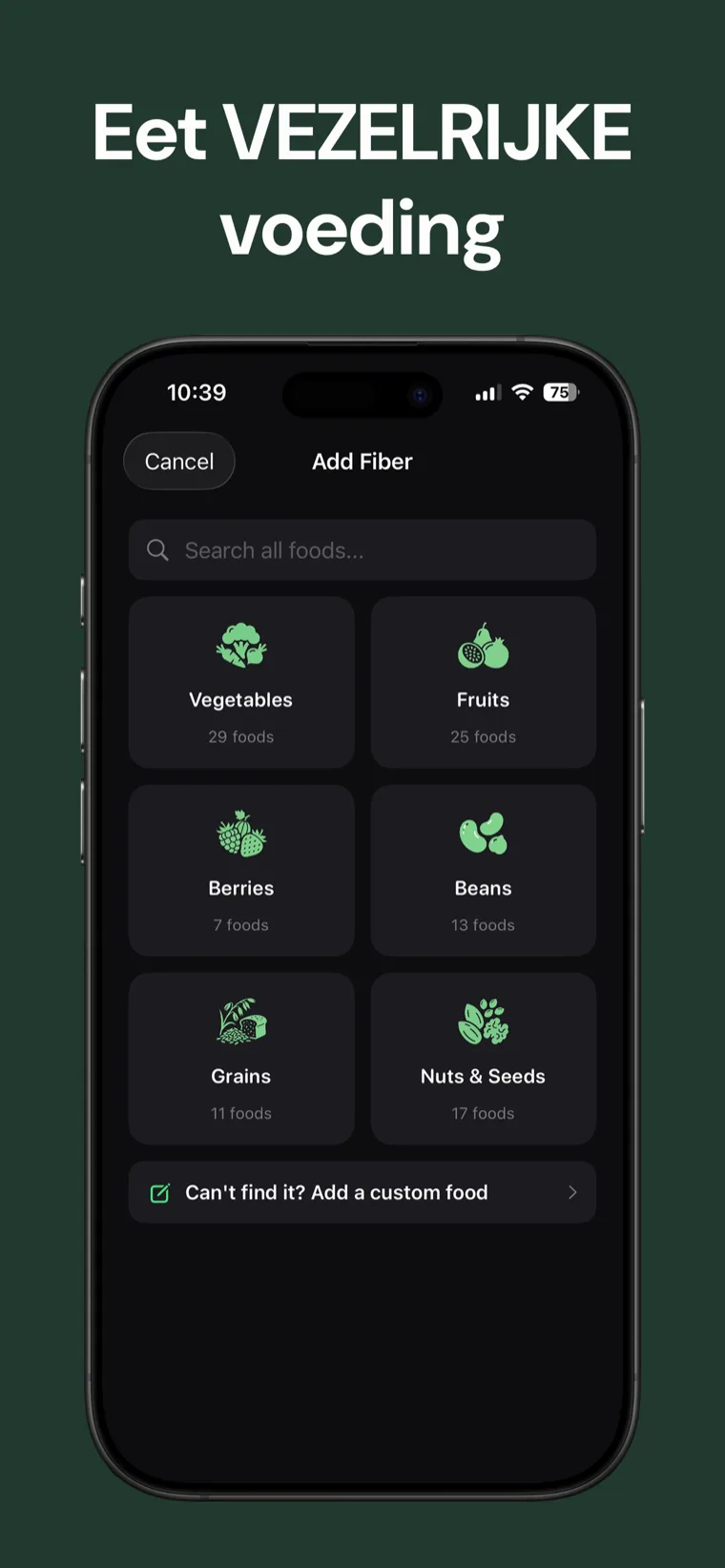 Eet VEZELRIJKE voeding — Vezel Tracker toont de weekkalender met jouw vezeldoel-streak