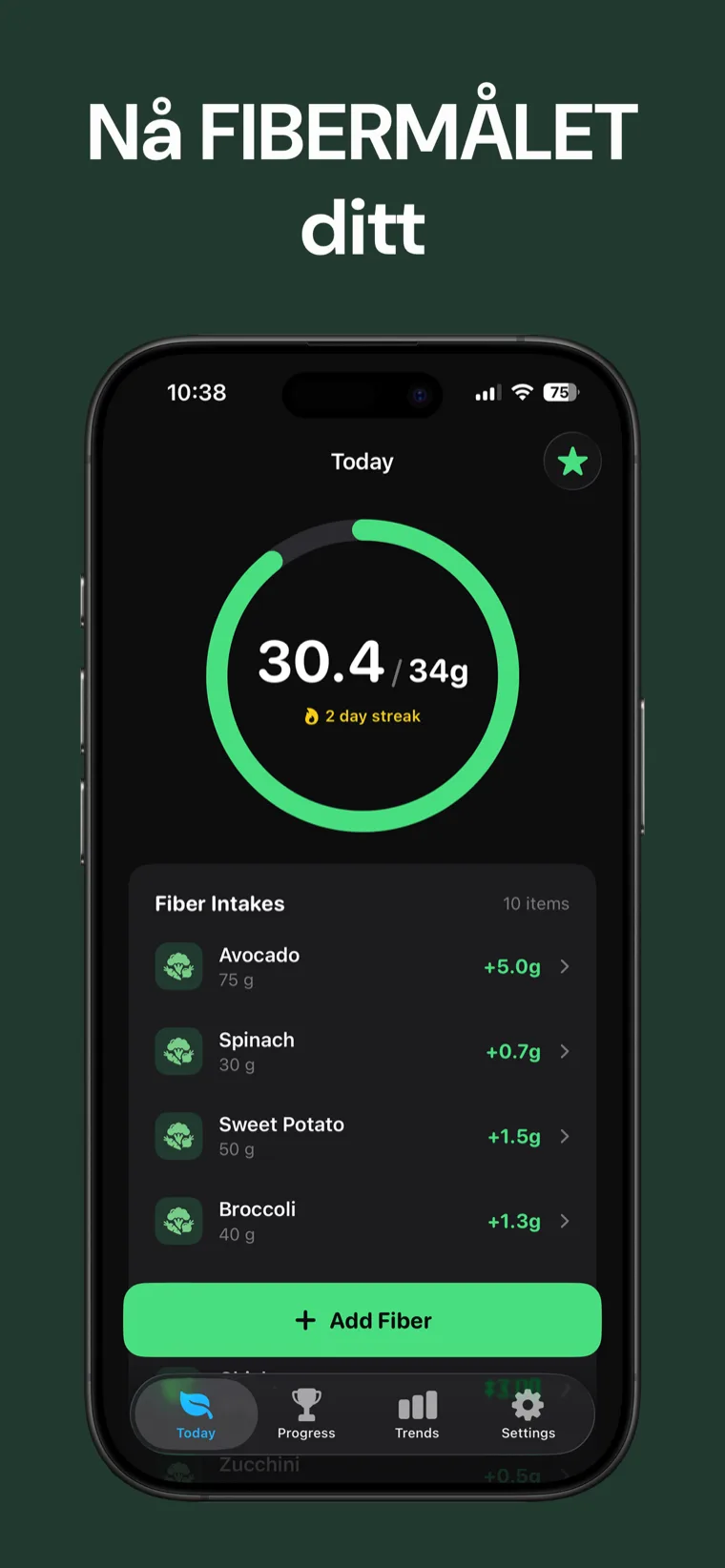 Nå FIBERMÅLET ditt — Fiber Tracker på iPhone som viser daglig inntak på en ren fremdriftsring
