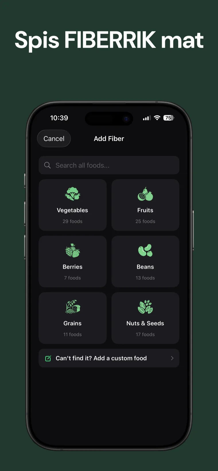 Spis FIBERRIK mat — Fiber Tracker viser ukekalenderen med fibermålstreaken din
