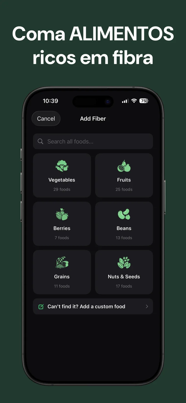 Coma ALIMENTOS ricos em fibra — Rastreador de Fibras mostrando o calendário semanal com sua sequência de meta de fibra