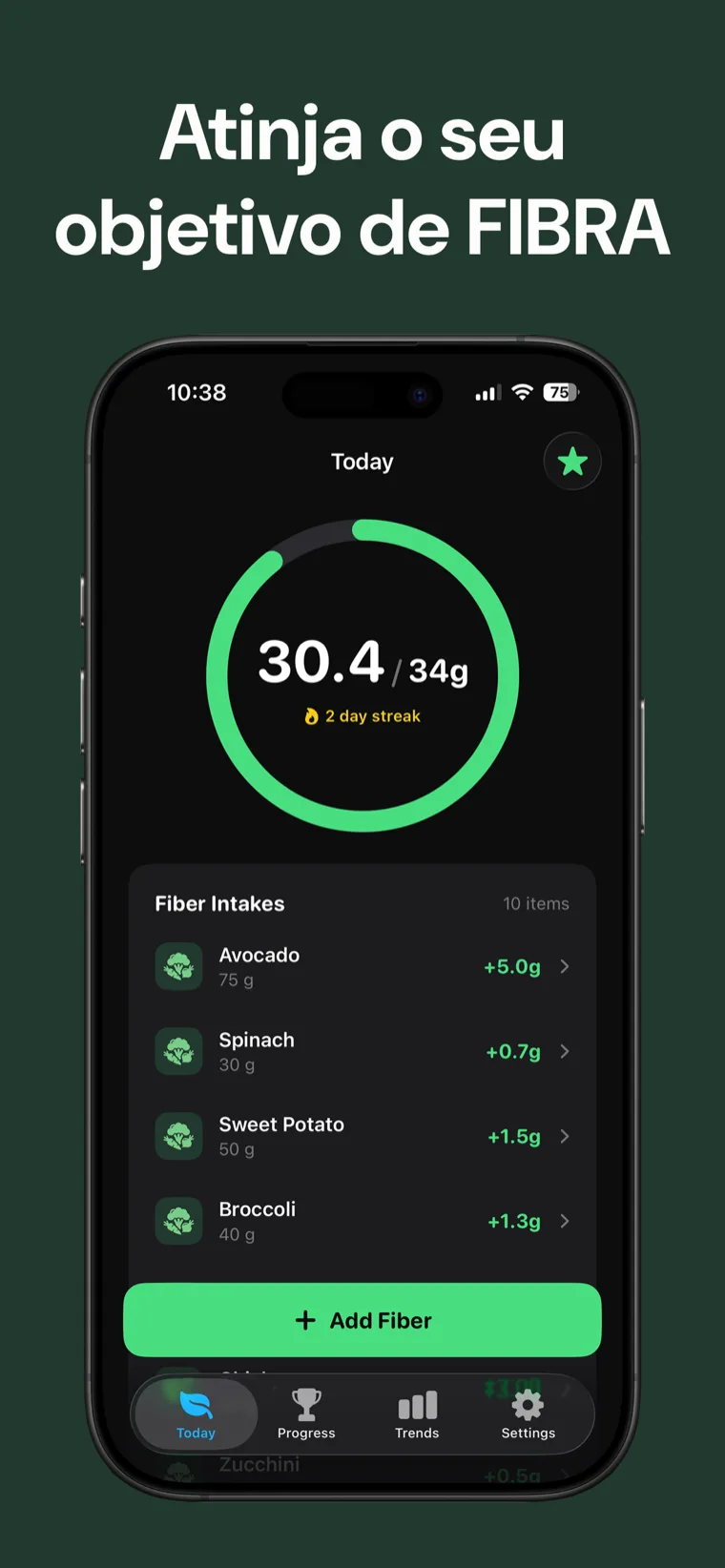 Atinja o seu objetivo de FIBRA — Rastreador Fibras no iPhone mostrando a ingestão diária num anel de progresso limpo