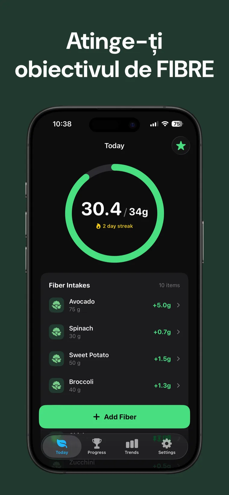Atinge-ți obiectivul de FIBRE — Tracker Fibre pe iPhone arătând aportul zilnic pe un inel de progres curat