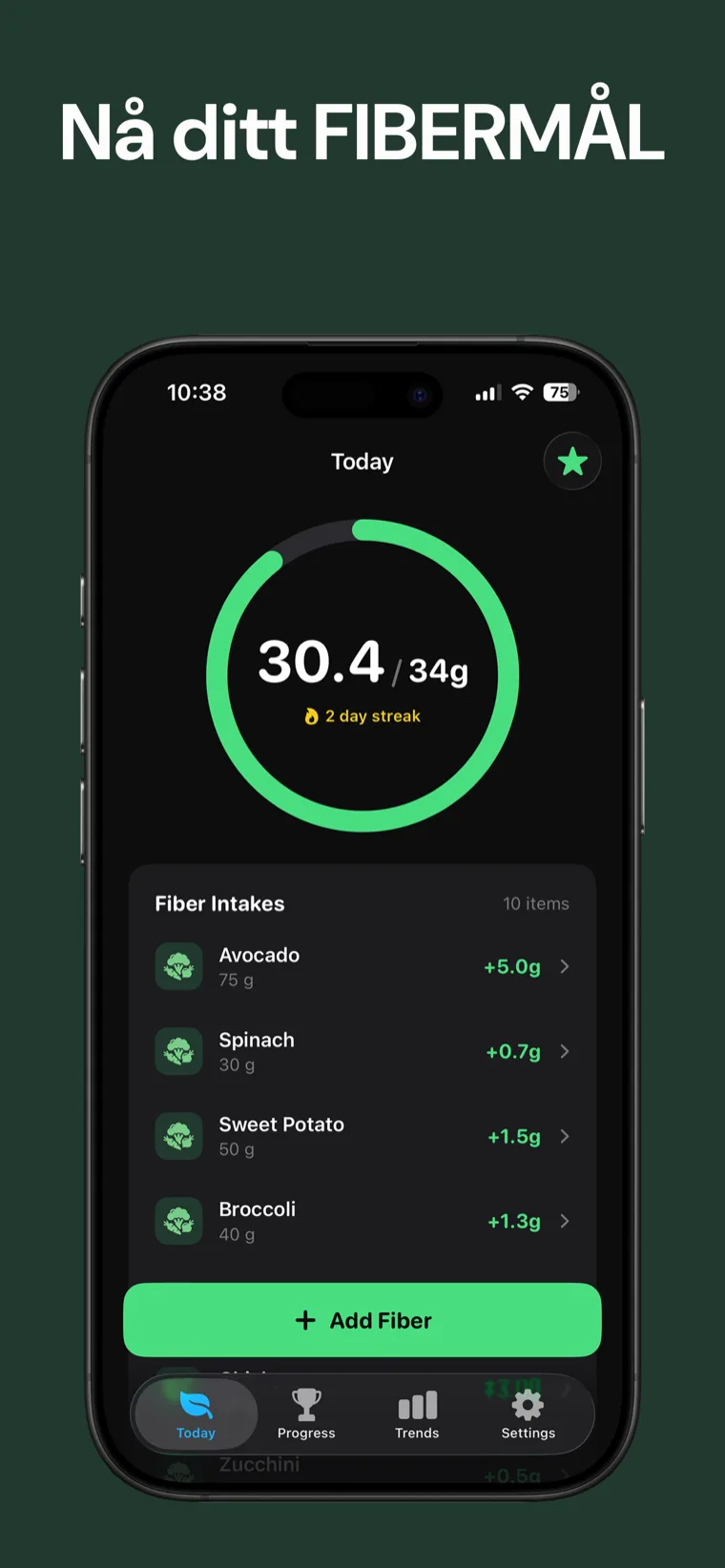 Nå ditt FIBERMÅL — Fiber Tracker på iPhone visar dagligt intag på en ren framstegsring