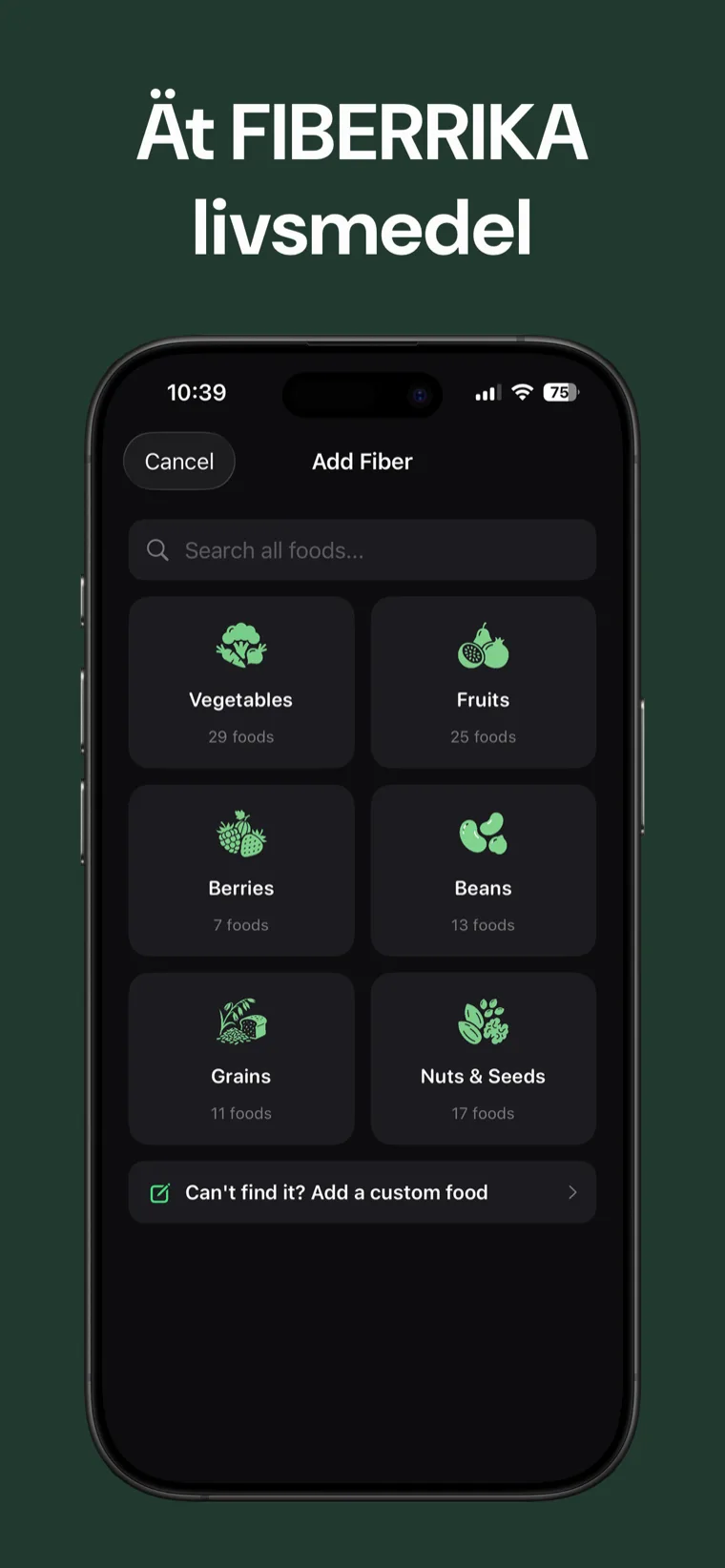 Ät FIBERRIKA livsmedel — Fiber Tracker visar veckokalendern med din fibermålsstreak